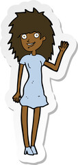sticker of a cartoon happy woman waving