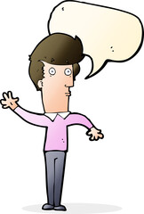 cartoon nervous man waving with speech bubble