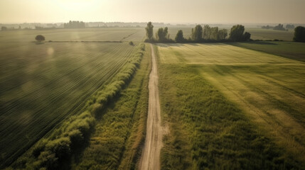 Obraz premium Aerial image of a dirt road near a farm. AI generated
