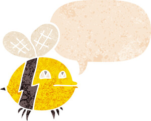 cartoon bee and speech bubble in retro textured style