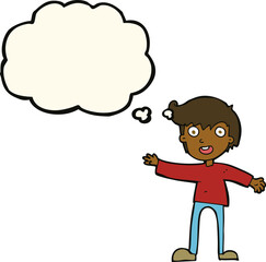 cartoon excited boy with thought bubble