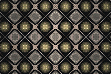 Brown checkered pattern of squares and circles on a black background. Abstract fractal 3D rendering