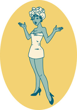 tattoo style icon of a pinup girl in towels