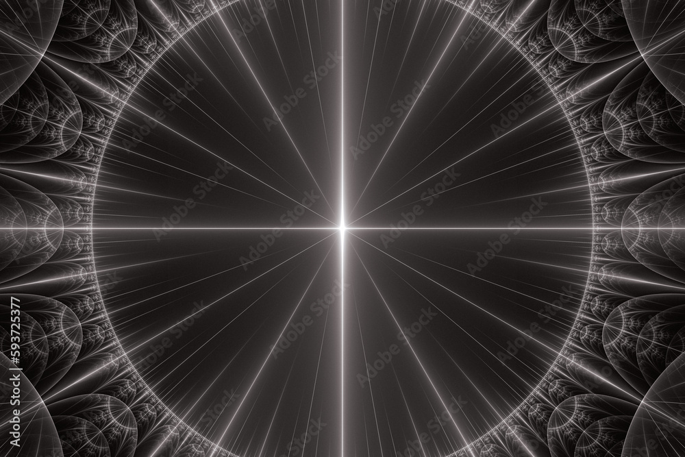 Wall mural white glowing round pattern of crooked waves and rays on a black background. abstract fractal 3d ren