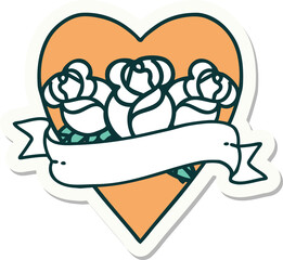 tattoo style sticker of a heart and banner with flowers