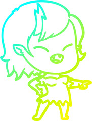 cold gradient line drawing cartoon vampire girl pointing and laughing