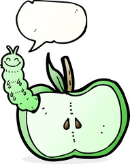 cartoon apple with bug with speech bubble