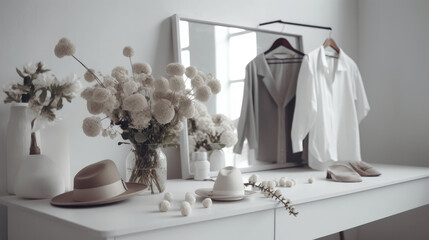 Minimalist room interior, a vase with flowers, a hat and womens clothes in light colors. Al generated