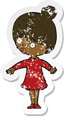 retro distressed sticker of a cartoon surprised woman