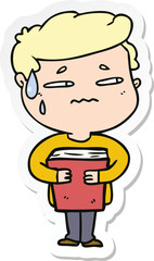 sticker of a cartoon anxious boy carrying book