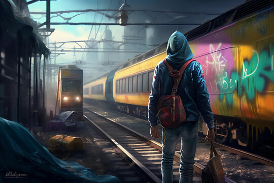 Graffiti writer at a train yard by night - Atmospheric night shot