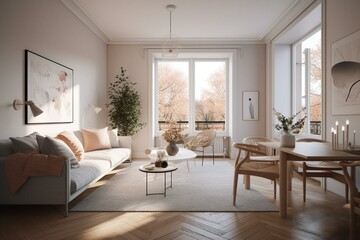 Fototapeta na wymiar bright scandinavian interior of apartment with comfortable sofa and cozy balcony with chair and table, generative ai