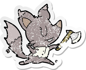 distressed sticker of a cartoon werewolf with axe