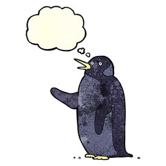 cartoon penguin waving with thought bubble