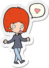 sticker of a cartoon woman in love shrugging shoulders