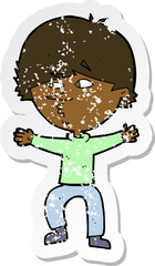 retro distressed sticker of a cartoon suspicious man