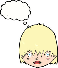 cartoon staring woman with thought bubble