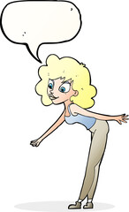 cartoon woman reaching to pick something up with speech bubble