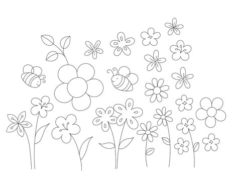 flowers and bees in spring. coloring page that you can print on 8.5x11 inch paper