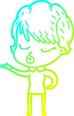 cold gradient line drawing cartoon woman with eyes shut