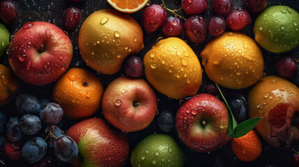 Juicy fruits top view background. Al generated