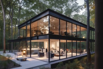 Fototapeta premium Architecture design idea - contemporary glass-walled luxury residential retreat in a forest oasis - Generative AI