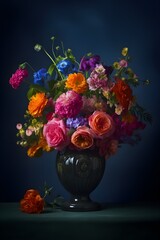 A bouquet of vibrant, colorful flowers in a beautiful vase. Dark blue background. Generative AI.