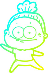 cold gradient line drawing cartoon happy old woman