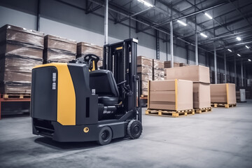 Forklift truck on warehouse. Boxes are on the shelves of the warehouse. Warehousing, machinery concept. Logistics in stock.