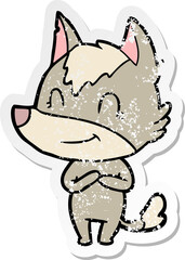 distressed sticker of a friendly cartoon wolf