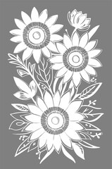 white graphic contour drawing of a bouquet of flowers on a gray background, design