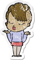 distressed sticker of a cartoon pretty hipster girl