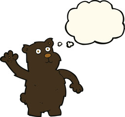 cartoon waving black bear with thought bubble