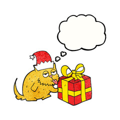 thought bubble textured cartoon cat with present