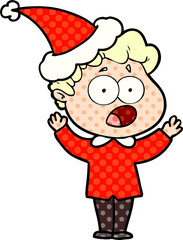 comic book style illustration of a man gasping in surprise wearing santa hat