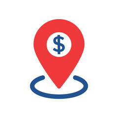dollar sign with red pinpoint like money point. flat simple trend modern minimal dolar logotype graphic design web element isolated on white. concept of bank address badge or atm location finding mark
