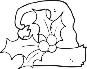 black and white cartoon christmas holly hat