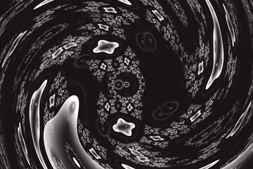 White swirling pattern of curved shapes on a black background. Abstract fractal 3D rendering