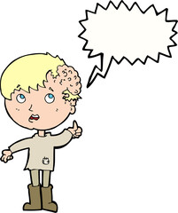 cartoon boy with growth on head with speech bubble