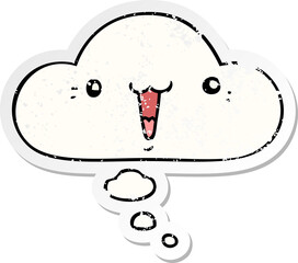 cute cartoon face and thought bubble as a distressed worn sticker