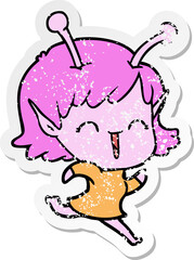 distressed sticker of a cartoon alien girl laughing