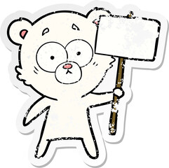 distressed sticker of a nervous polar bear cartoon with protest sign