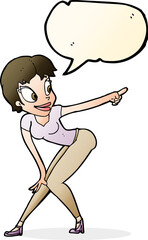 cartoon pretty woman pointing with speech bubble
