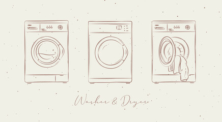 Washing machine and dryer for clean clothes drawing in graphic style on beige background
