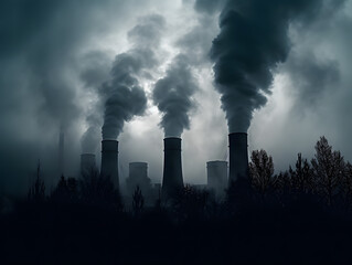 group of chimneys into the sky, dark foggy background, swirling gases, cold environment, generative ai