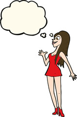 cartoon woman in pink dress with thought bubble