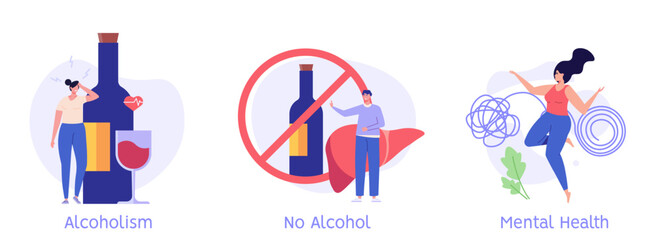 Stop drinking illustration. Healthy people refuse alcoholic drinks. Concept of alcohol addiction, sober, healthy lifestyle without alcohol. Vector flat cartoon design for web banners