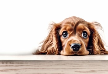 Adorable Cocker Spaniel Puppy Peeking Out from Behind White Table with Copy Space, Isolated on White Background. Generative AI.