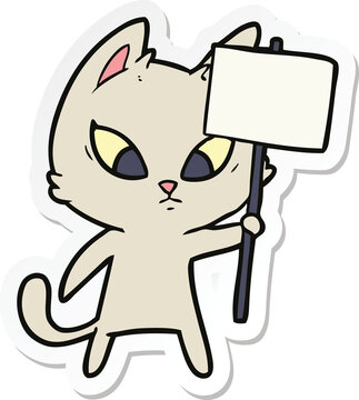 sticker of a confused cartoon cat with protest sign
