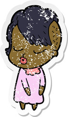 distressed sticker of a cartoon pretty hipster girl